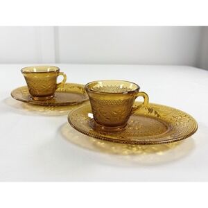 2 Vintage Indiana Glass Amber Tiara Daisy Sandwich Snack Cup & Plate 70s Cottage